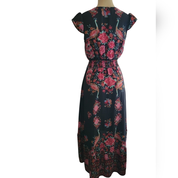 Floral Black and Pink Dress Asian Peacock Tropical Vacation Beach Cover up - Picture 4 of 4